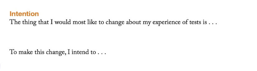 Intention The thing that I would most like to change about my experience of tests is... To make this change, I intend to...