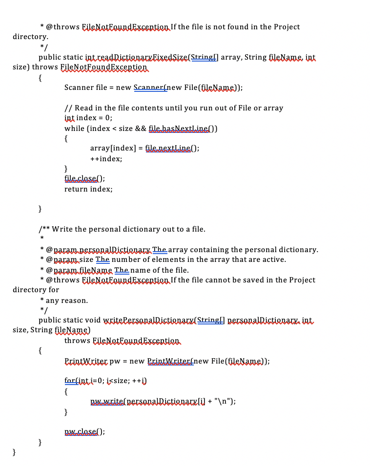 * @throws EleNotFoundException. If the file is not found in the Project directory public static intreadDictionarvEixedSize(St