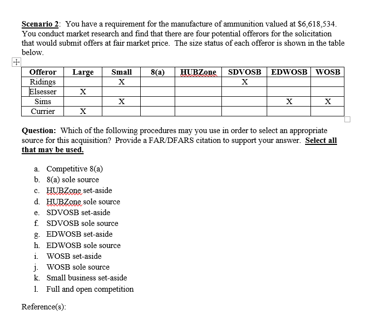 Scenario 2: You have a requirement for the manufacture of ammunition valued at $6,618,534 You conduct market research and find that there are four potential offerors for the solicitation that would submit offers at fair market price. The size status of each offeror is shown in the table below Offeror Large Small 8(a) Ridings lsesser Sims Currier Question: Which of the following procedures may you use in order to select an appropriate source for this acquisition? Provide a FARDFARS citation to support your answer. Select all that mav be used a. Competitive 8(a) b. 8(a) sole source c. HUBZone set-aside HUBZone sole source e. SDVOSB set-aside f. SDVOSB sole source g. EDWOSB set-aside h. EDWOSB sole source i. WOSB set-aside WOSB sole source Small business set-aside Full and open competition k. 1. Reference(s)