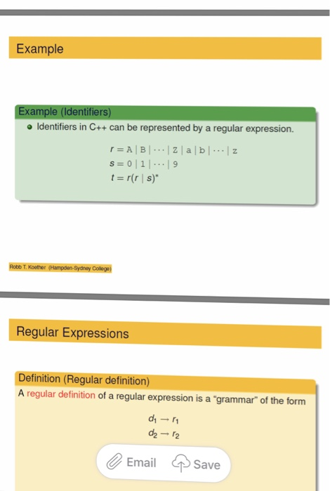 Example Example (Identifiers) o Identifiers in C++ can be represented by a regular expression. s=0|1|-..19 t = r(r | s). Regular Expressions Definition (Regular definition) A regular definition of a regular expression is a grammar of the form d1- Email Save