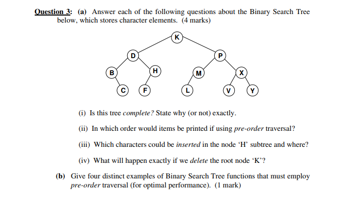 Question 3: (a) Answer each of the following questions about the Binary Search Tree below, which stores character elements. (
