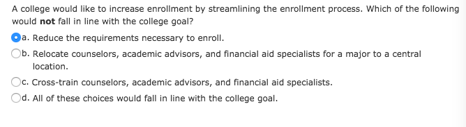A college would like to increase enrollment by streamlining the enrollment process. Which of the following would not fall in