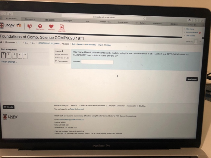 e Foundations of Comp. Science COMP9020 19T1 My courses U.. >L.. C COMPC0D5183,00087Qzz)Quiz Weak -due Monday. 15 Apnil, 11.0