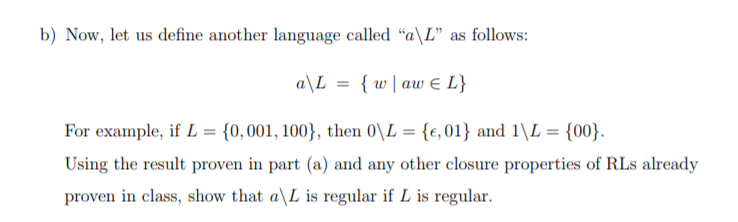 ow, let us denne another language c For example, if L = {0.001, 100), then 0し= {e, 01) and 1L = {00} Using the result prove