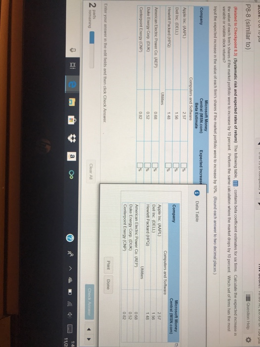 P8-8 (similar to) Question Help Related to Checkpoint 8.3) (Systematic risk and expected rates of return) The folowing table, E,contains beta coefficient estimates for six firms Calculate the expected increase in he value of each fems shares d the market portfolio were to increase by 10 percent Perform the same cakculation where the market drops by 10 percent Which set of firms has the most Central (MSN.com) Data Table Apple Inc. (AAPL) Dell Inc. (DELL) 2 57 1 56 148 s and 0 68 0 52 0 82 Apple Inc (AAPL) Dell Inc. (DELL) Hewlett Packard (HPQ) 257 1 56 1.48 American Electric Power Co (AEP) 0 68 0 52 0 82 Print Done Enter your answer in the edit fields and then click Check Answer 2 remaining Clear A e問 11/2