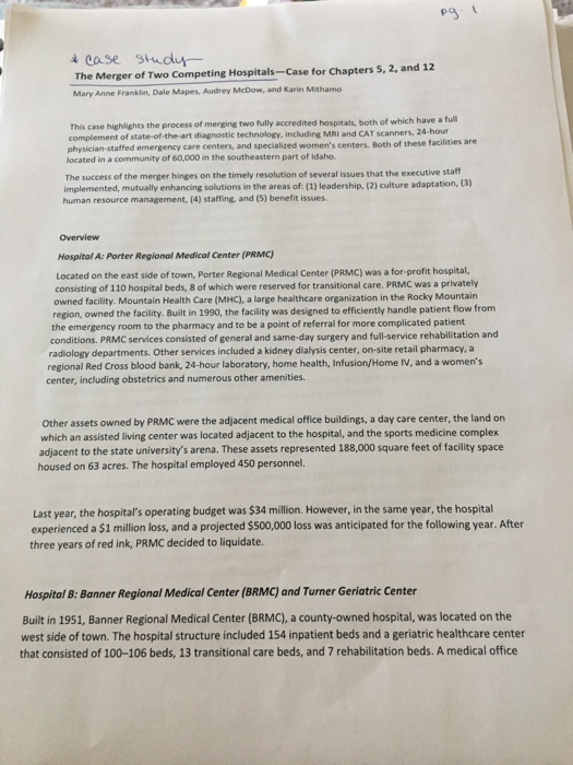 Solved Case Studu The Merger Of Two Competing Hospitals C