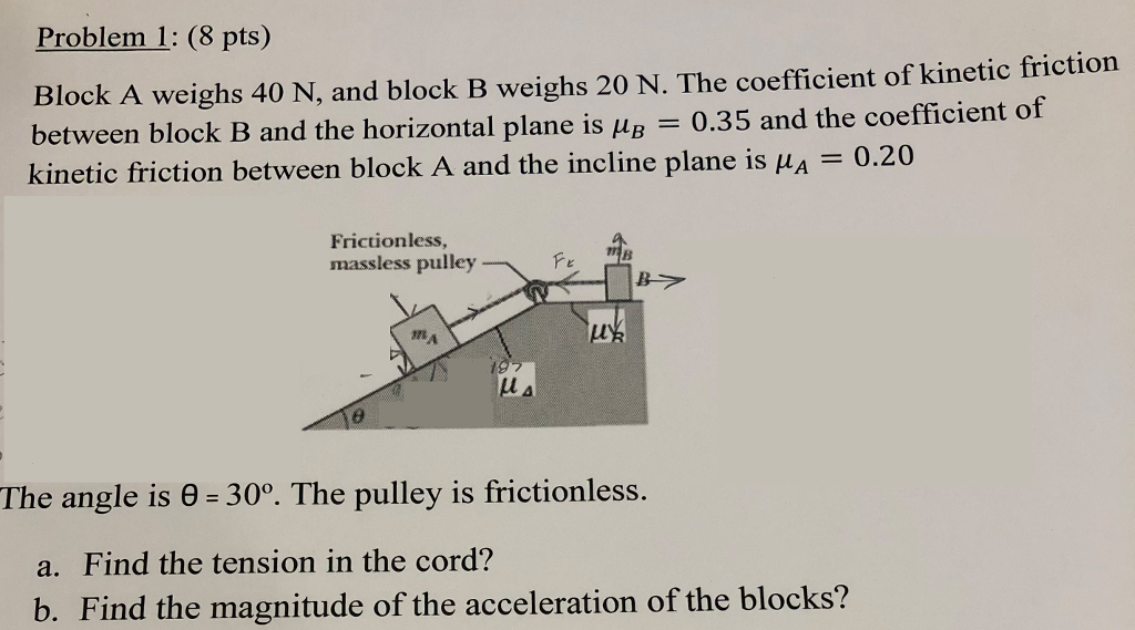 Problem 1: (8 pts) lock A weighs 40 N, and block B weighs 20 N. The coefficient of kinetic friction between block B and the horizontal plane is (HB 0.35 and the coefficient of kinetic friction between block A and the incline plane is μA -0.20 Frictionless massless pulley Fヒ The angle is θ-300. The pulley is frictionless. a. Find the tension in the cord? b. Find the magnitude of the acceleration of the blocks?
