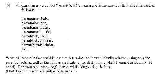 [5] 8b. Consider a prolog fact parent(A, B), meaning A is the parent of B. It might be used as parent(anne, bob) parent(ale
