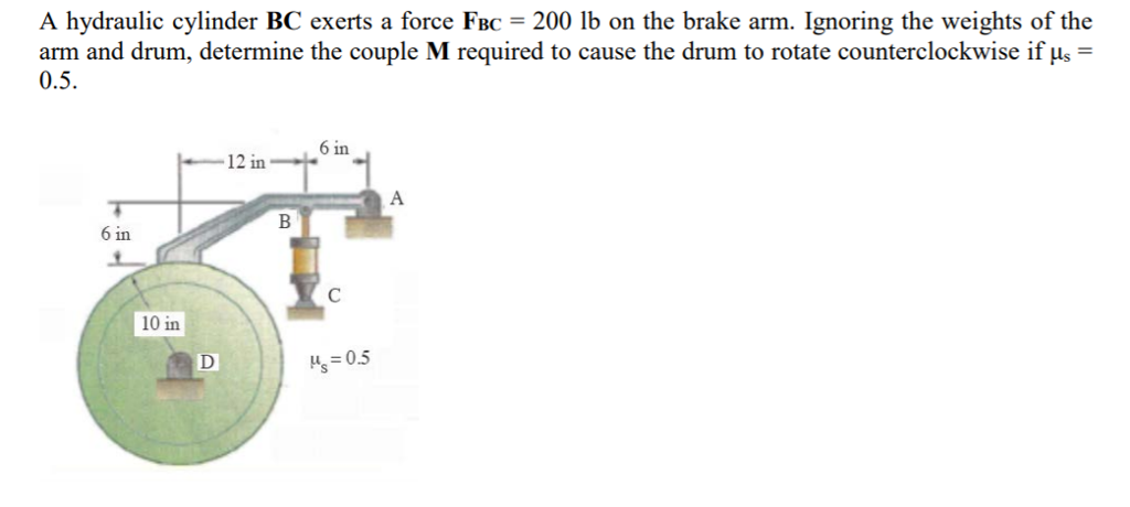 A hydraulic cylinder BC exerts a force FBc200 lb on the brake arm. Ignoring the weights of the arm and drum, determine the couple M required to cause the drum to rotate counterclockwise ifus,- 0.5 6 in 12 in 6 in 10 in