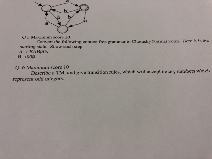 Q 5 Maximum score 20 Convert the following context free grammar to Chomsky Normal Form. Here A is the starting state. Show ea