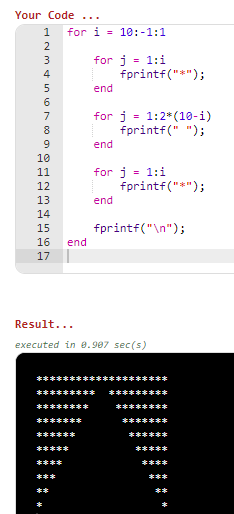 Your Code 1 for i10:-1:1 for j 1:i 4 fprintf(*; end for j fprintf( ); 1:2*(101) = end 10 12 13 14 15 16 end 17 fprintf(*;