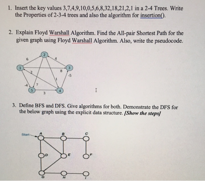 1. Insert the key values 3,7,4,9,10,0,5,6,8,32,18,21,2,1 in a 2-4 Trees. Write the Properties of 2-3-4 trees and also the alg