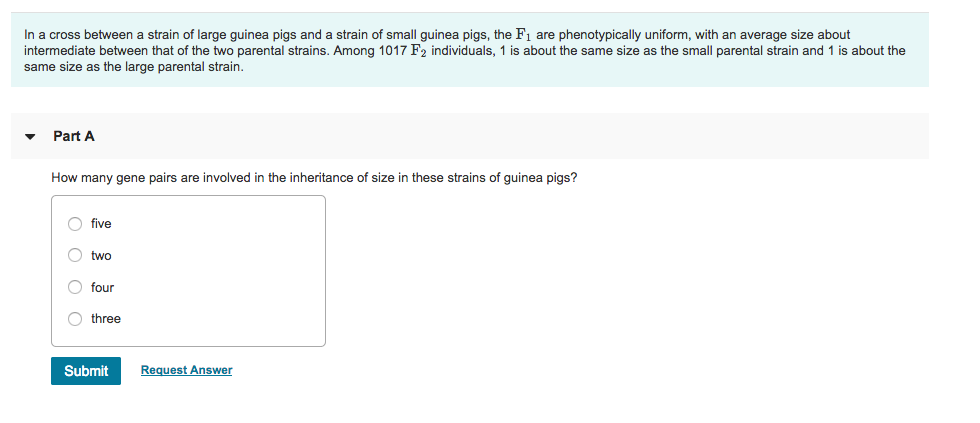 In a cross between a strain of large guinea pigs and a strain of small guinea pigs, the F1 are phenotypically uniform, with an average size about intermediate between that of the two parental strains. Among 1017 F2 individuals, 1 is about the same size as the small parental strain and 1 is about the same size as the large parental strain. PartA How many gene pairs are involved in the inheritance of size in these strains of guinea pigs? O five O two four O three Submit Request Answer