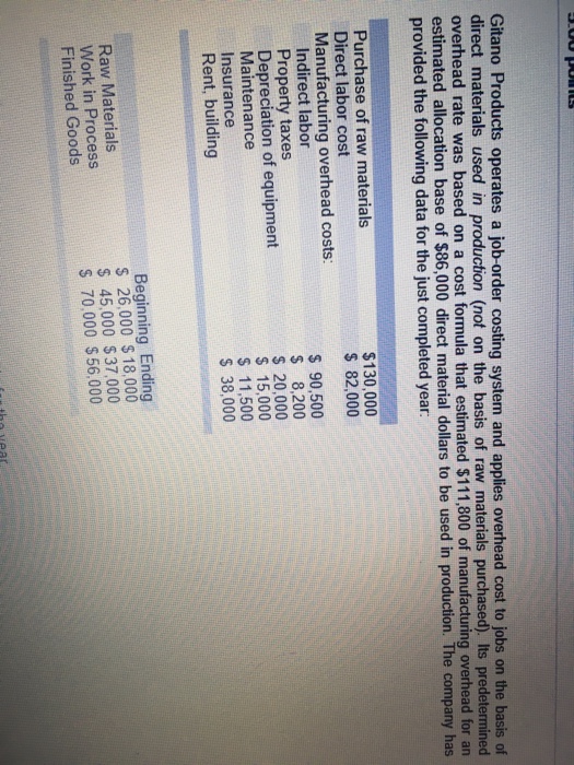 Gitano Products operates a job-order costing system and applies overhead cost to jobs on the basis of direct materials used in production (not on the basis of raw materials purchased). Its predetermined overhead rate was based on a cost formula that estimated $111,800 of manufacturing overhead for arn estimated allocation base of $86,000 direct material dollars to be used in production. The company has provided the following data for the just completed year 9 Purchase of raw materials Direct labor cost Manufacturing overhead costs: $130,000 82,000 Indirect labor Property taxes Depreciation of equipment $ 90,500 $ 8,200 20,000 $ 15,000 S 11,500 S 38,000 Maintenance Insurance Rent, building Raw Materials Work in Process Finished Goods Beginning Ending S 26,000 $18,000 S 45,000 $37,000 S 70,000 $56,000
