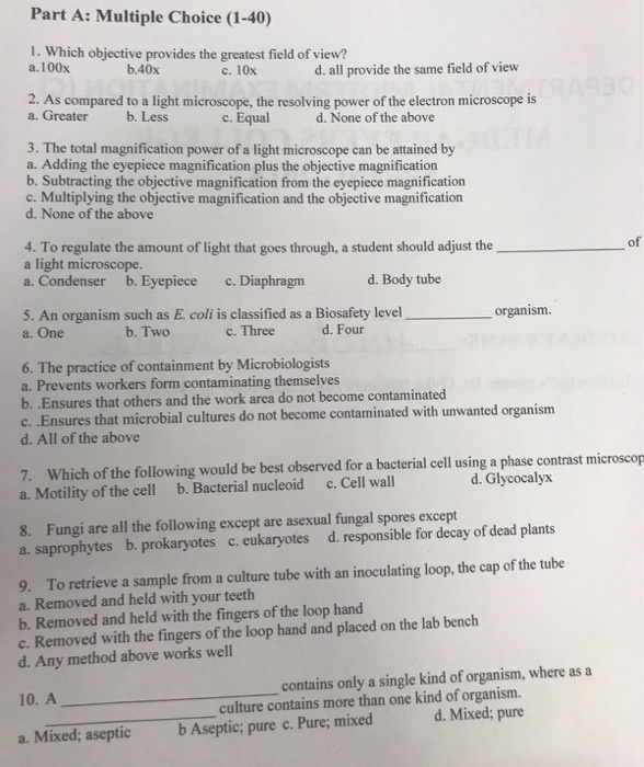 Solved Part A Multiple Choice 1 40 1 Which Objective Chegg Com