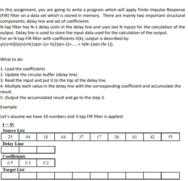 In this assignment, you are going to write a program which will apply Finite Impulse Response (FIR) filter on a data set whic
