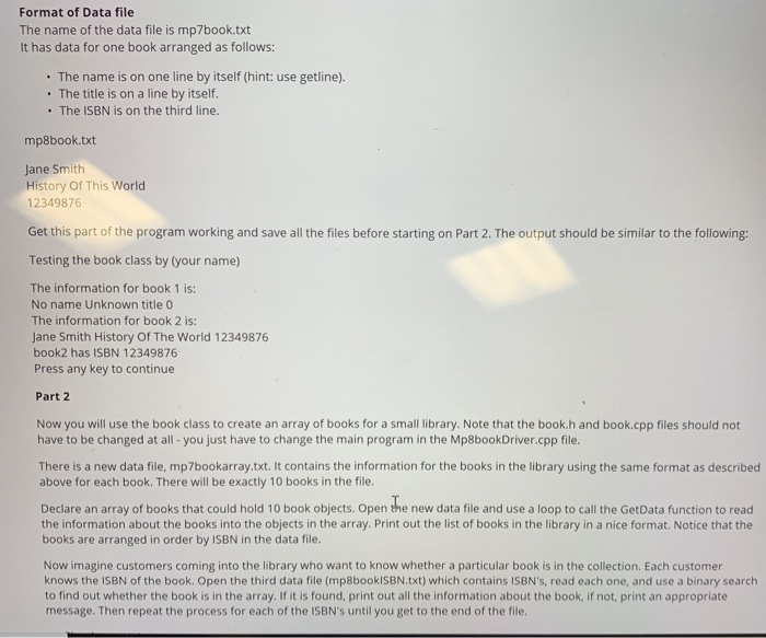 Format of Data file The name of the data file is mp7book.txt It has data for one book arranged as follows: . The name is on o