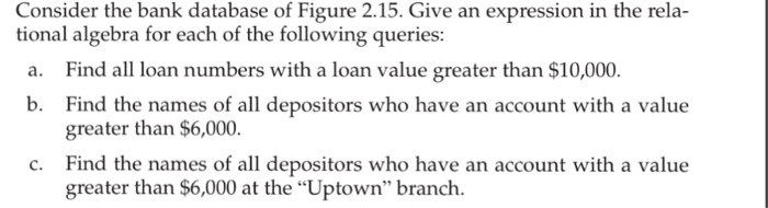 Consider the bank database of Figure 2.15. Give an expression in the rela- tional algebra for each of the following queries: