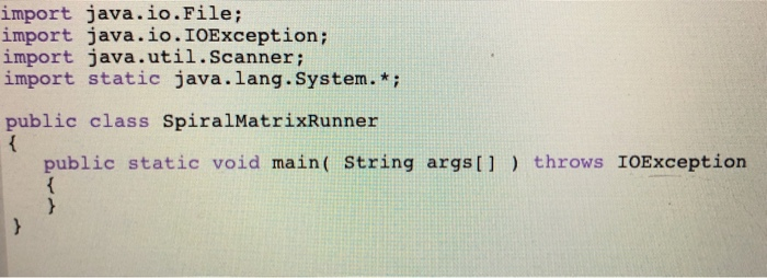 import java.io.File; import java.io.IOException; import java.util.Scanner; import static java.lang.System.* public class Spir