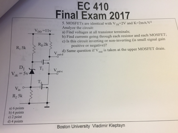 Solved: EC 410 Final Exam 2017 5. MOSFETs Are Identical Wi... | Chegg.com