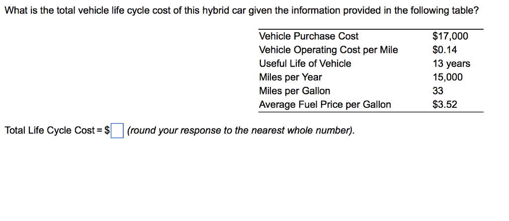 Solved What Is The Total Vehicle Life Cycle Cost Of This What Is The Total Vehicle Life Cycle Cost Of This Hybrid Car Given Information Provided
