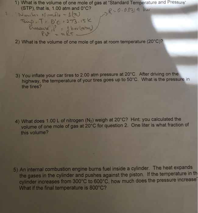 Solved 1 What Is The Volume Of One Mole Of Gas At Stand