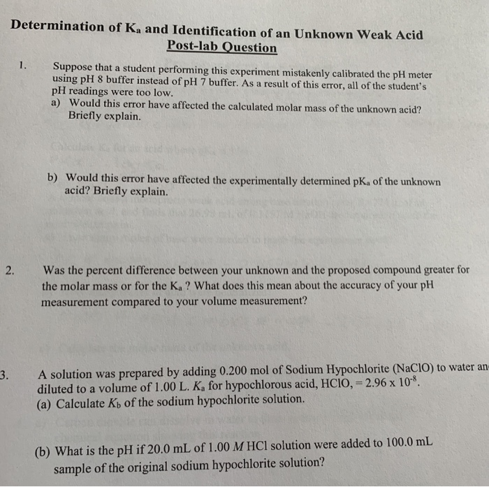 Determination Of Ka And Identification Of An Unknown Chegg 