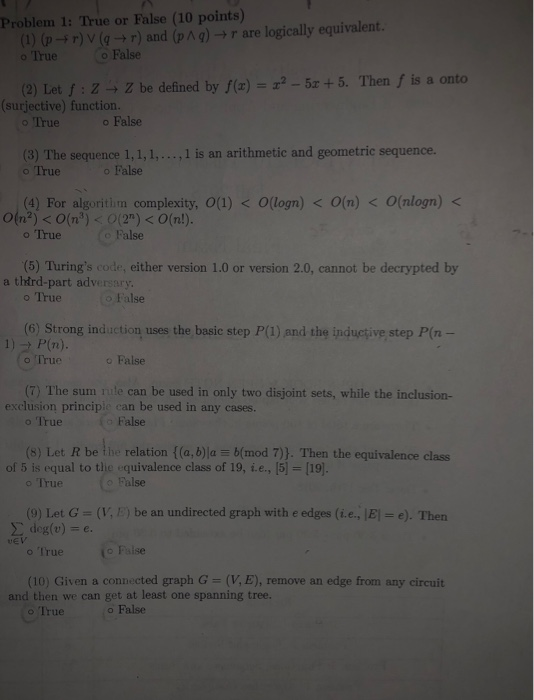 Solved Problem 1 True Or False 10 Points 1 P F R V Chegg Com