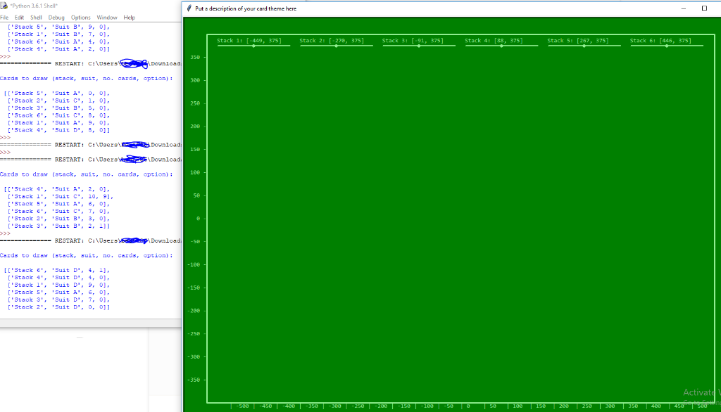 Python 3.6.1 Shell Put a description of your card theme here File Edit Shell Options Window 3tack 5, Suit B,9, 01, , Stac