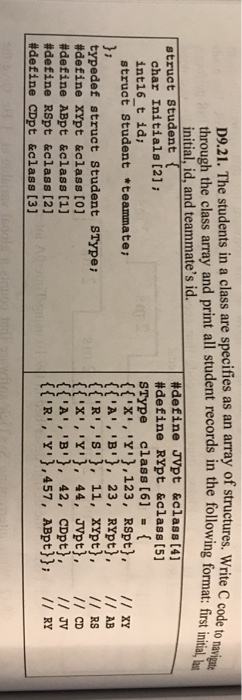 D9.21. The students in a class are specifies as an array of structures. Write C code to through the class array and print all sudent records in the following foratfist ia irst initial, last initial, id, and teammates id. struct Student JVpt RYpt SType class [6] ={ ffx, Y, 123, RSpt], #de fine #define &class [4] &class [5] char Initials [21: int16 t id; struct Student *teammate: XY typedef struct Student SType #de fine XYpt &class [0] #define ABpt &class [1] #define RSpt &class [2] define CDpt &class [3] A, B, 23, RYpt), / AB R,S, 11, XYpt), I1 RS fx,Y, 44, JVpt), 11 CD A, B, 42, CDpt), II JV R,Y,457, ABpt)) // RY
