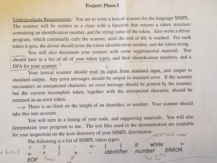 Project: Phase I Undergraduate Requirements: You are to write a lexical scanner for the language SIMPL The scanner will be written as a class with a function that returns a token structure containing an identification number, and the string value of the token. Also write a driver program, which continually calls the scanner, until the end of file is reached. For each token it gets, the driver should print the token identification number, and the token string. You will also document your scanner with some supplemental material. You should turn in a of all of your token types, and their identification numbers and a list DFA for your scanner. Your lexical scanner should read its input from standard input, and output to standard error messages should be output to standard error. If the scanner encounters an unexpected character, no error message should be printed by the scanner, but the current incomplete token, together with the unexpected character, should be returned as an error token. There is no the length of an identifier, or number. Your scanner should limit on take this into account. You will turn in a listing of your code, and supporting materials. You will also demonstrate your program to me. The test files used in the demonstration are available for your inspection on the tests directory of your SIMPL distribution. reserved The following is a list of SIMPL token types: if while identifier number ERROR EOF