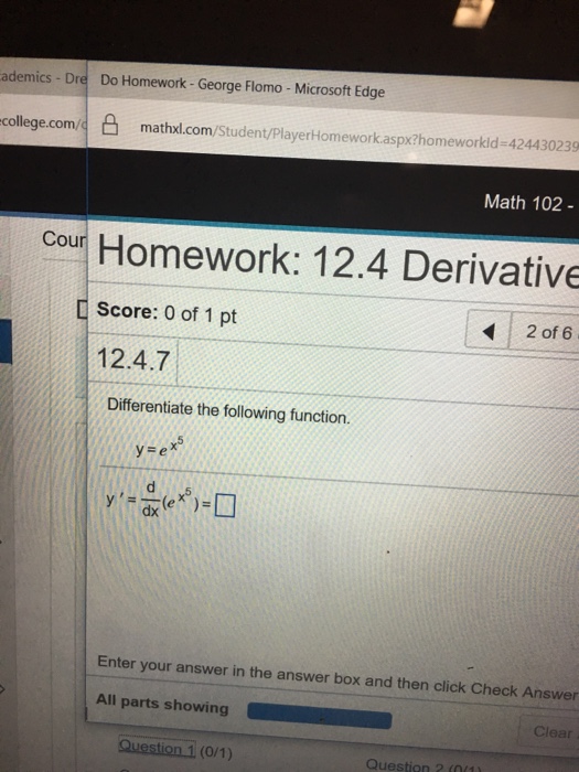 Differentiate The Following Function Y E X 5 Y Chegg Com