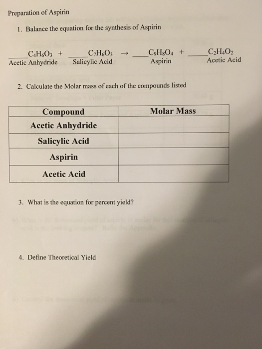 Solved Preparation Of Aspirin I Balance The Equation For Chegg Com