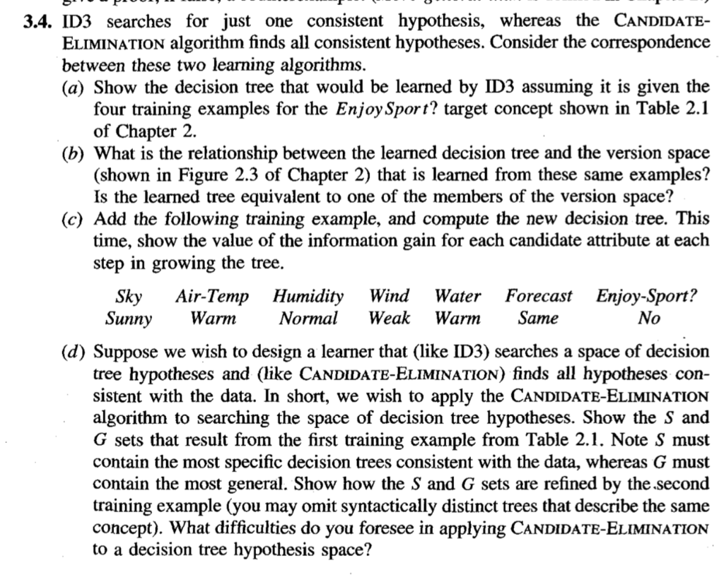 3.4. ID3 searches for just one consistent hypothesis, whereas the CandidaTE- ELIMINATIon algorithm finds all consistent hypot