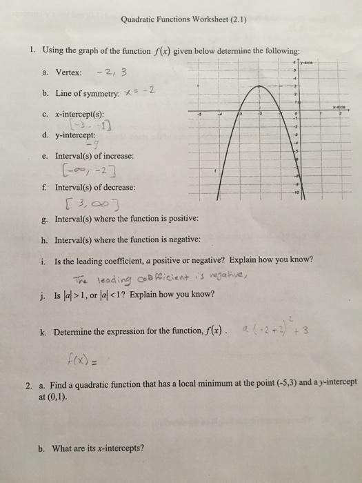 Solved Quadratic Functions Worksheet 21 1 Using The G