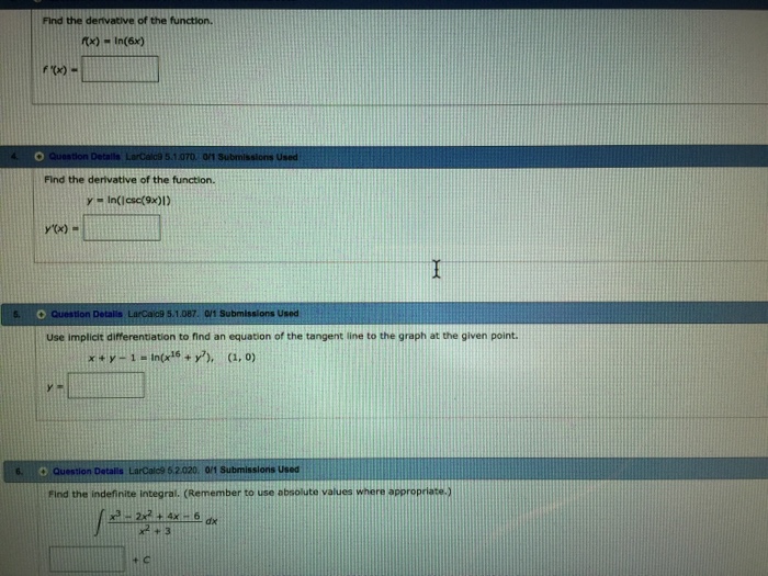 Find The Derivative Of Th Function F X Ln 6x Chegg Com