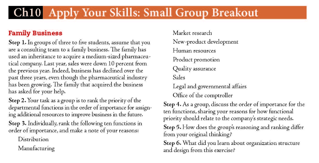 Ch10 Apply Your Skills: Small Group Breakout Family Business Market research New-product development Human resources Product