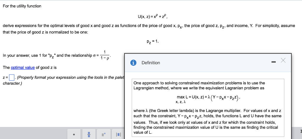 Solved For The Utility Function Derive Expressions For Th Chegg Com