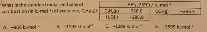 What is the standard molar enthalpy of combustion (in kimol-1) of acetylene, C2H2(g)?|一C2H2(g)一一226.6 (25°C) / kJ-mol-1 | CO2(g) -393.5 H20()-285.8 B. -1192 kJ-mol C. -1299 kJ-mol- D. -2599 kJ-mol-1 A. -906 kJ-mol-1