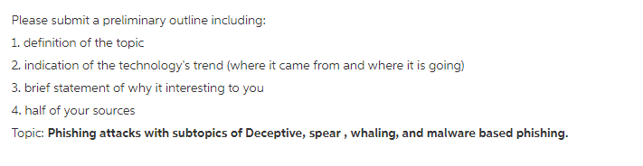 Please submit a preliminary outline including: 1. definition of the topic 2. indication of the technologys trend (where it came from and where it is going) 3. brief statement of why it interesting to you 4. half of your sources Topic: Phishing attacks with subtopics of Deceptive, spear, whaling, and malware based phishing.