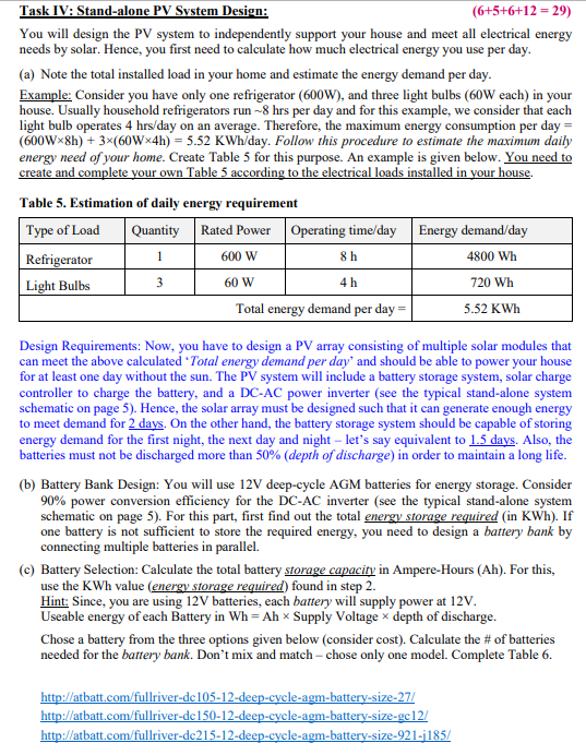 Solved Task Iv Stand Alone Pv Svstem Design 65612 2