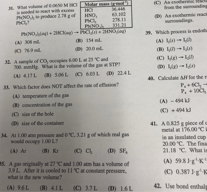 31 What Volume Of 0 0650 M Hci Molar Mass G Molt Chegg Com