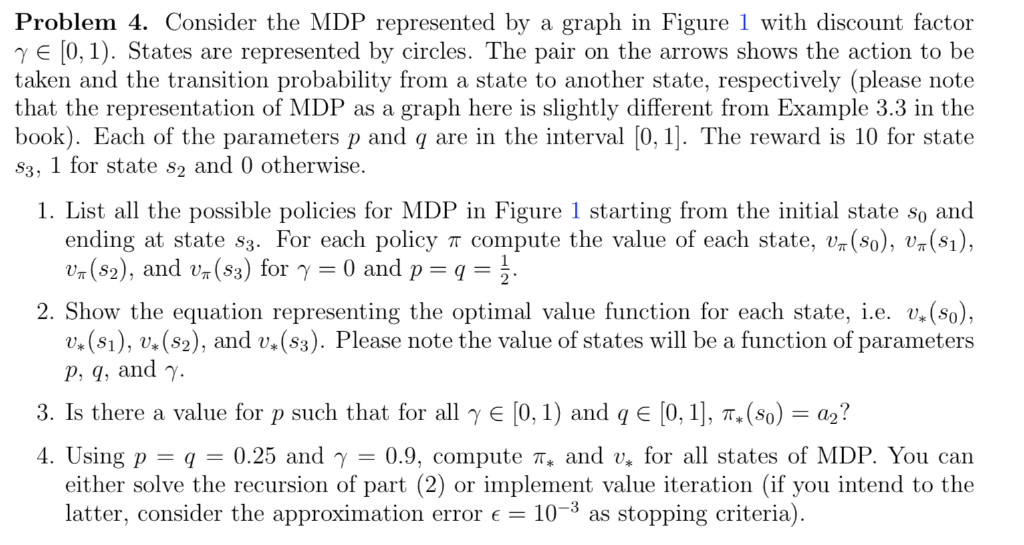 Problem 4. Consider the MDP represented by a graph in Figure 1 with discount factor γ E [0, 1). States are represented by cir