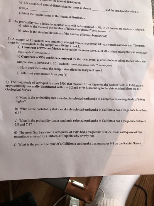 Solved 1 0i The Normal Distribution B For A Standard Nor