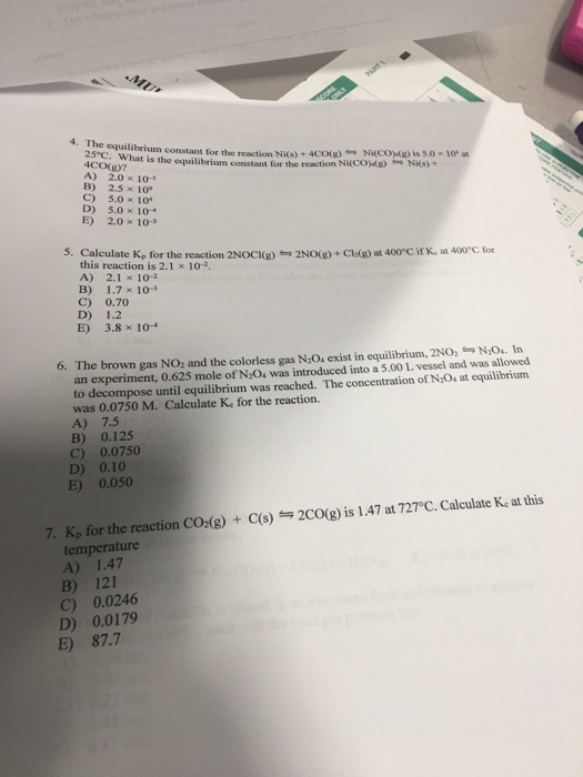 Solved 4 The Equilibrium 25 C W 4co G A 2 0 10 5 B Chegg Com