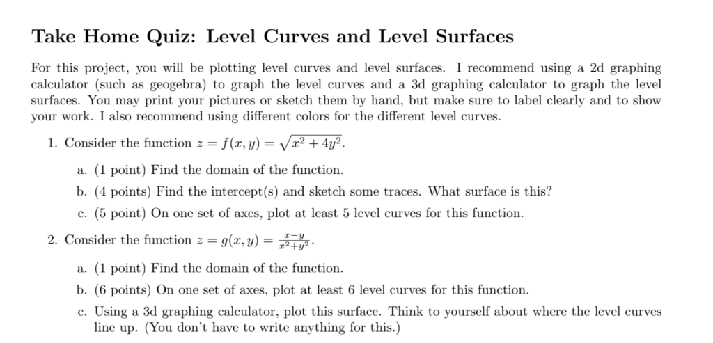 Take Home Quiz Level Curves And Level Surfaces For Chegg Com