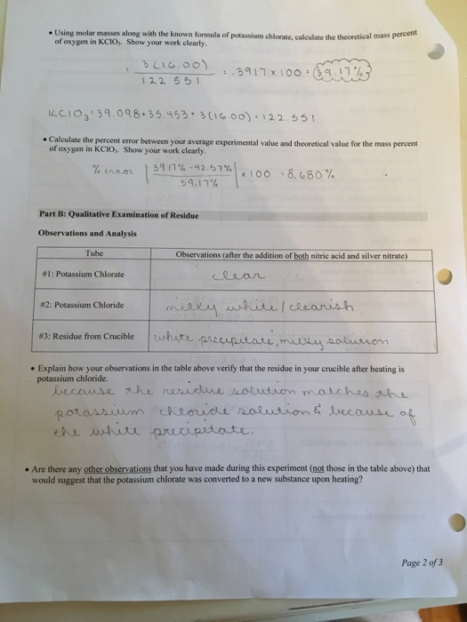 The Position Of Potassium Chlorate Part A Mass Chegg 