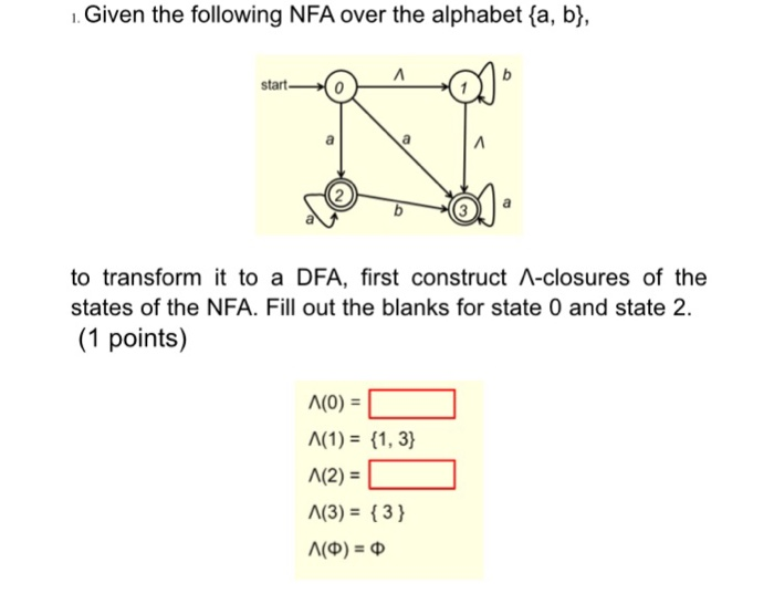 . Given the following NFA over the alphabet fa, b), start0 2 to transform it to a DFA, first construct A-closures of the stat