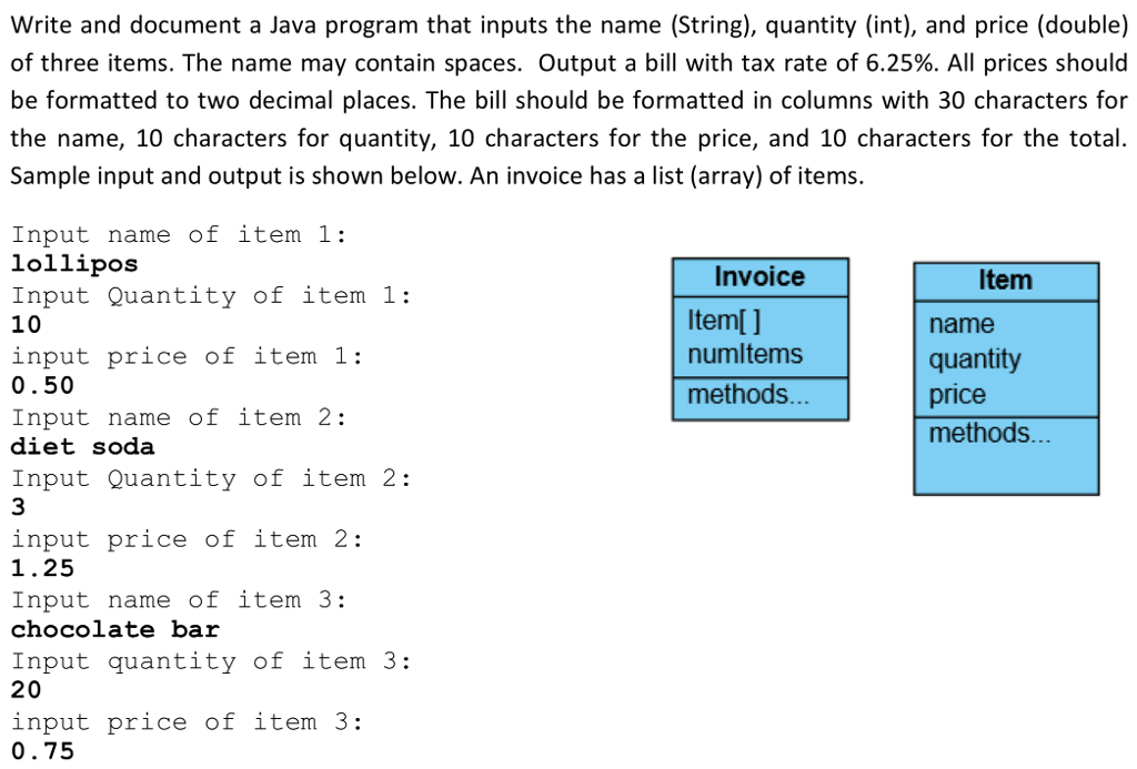Write and document a java program that inputs the name (string), quantity (int), and price (double) of three items. the name may contain spaces. output a bill with tax rate of 6.25%. all prices should be formatted to two decimal places. the bill should be formatted in columns with 30 characters for the name, 10 characters for quantity, 10 characters for the price, and 10 characters for the total. sample input and output is shown below. an invoice has a list (array) of items. input name of item 1: lollipos input quantity of item 1: 10 input price of item 1: 0.50 input name of item 2: diet soda input quantity of item 2: 3 input price of item 2: 1.25 input name of item 3 chocolate bar input quantity of item 3: 20 input price of item 3 0.75 invoice iteml] numltem:s methods... item name quantity price methods