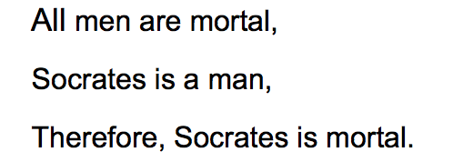 All men are mortal Socrates is a man, Therefore, Socrates is mortal.